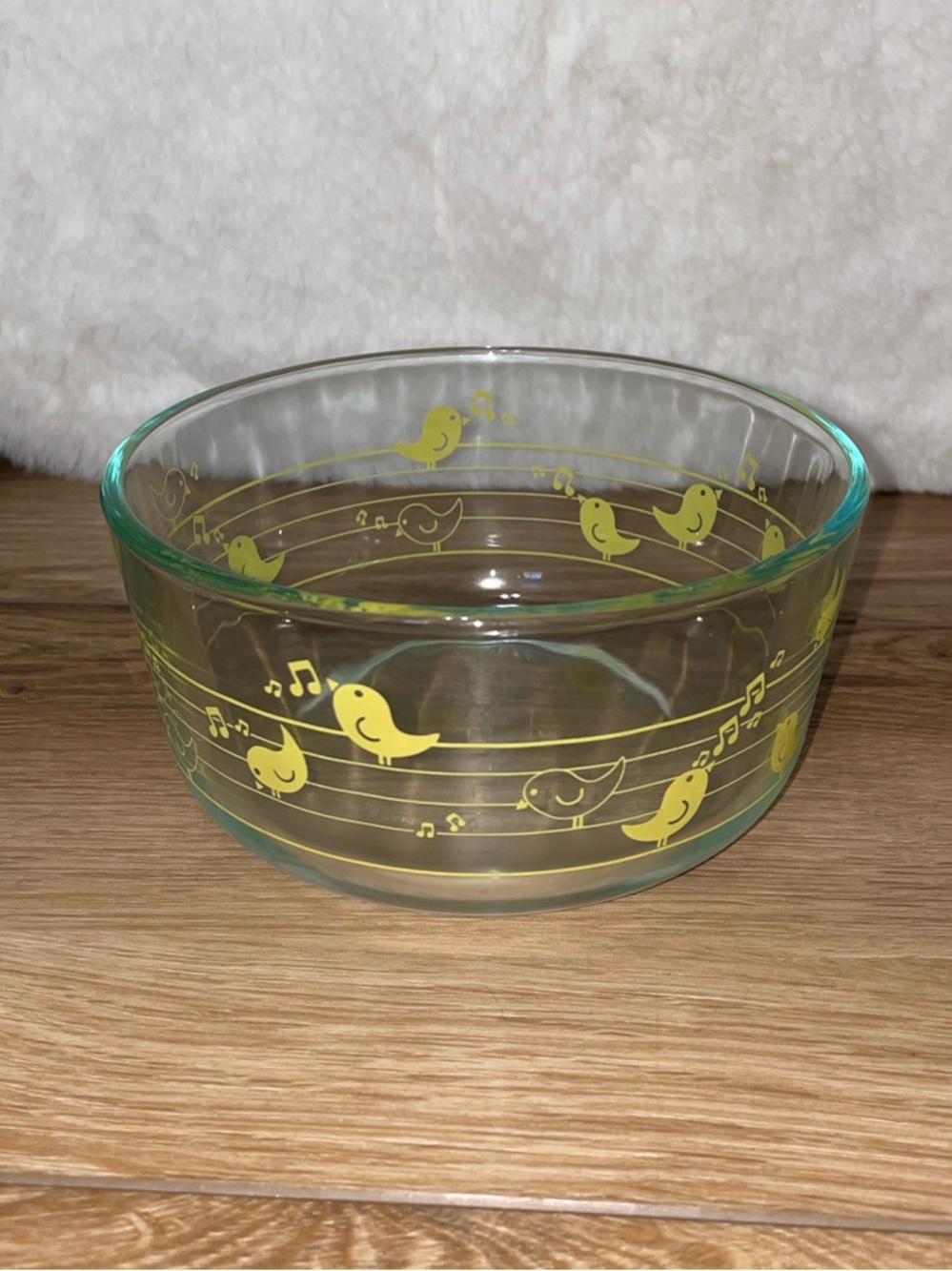 Pryex Clear Glass Bowl Yellow Singing Birds Music Notes 6”